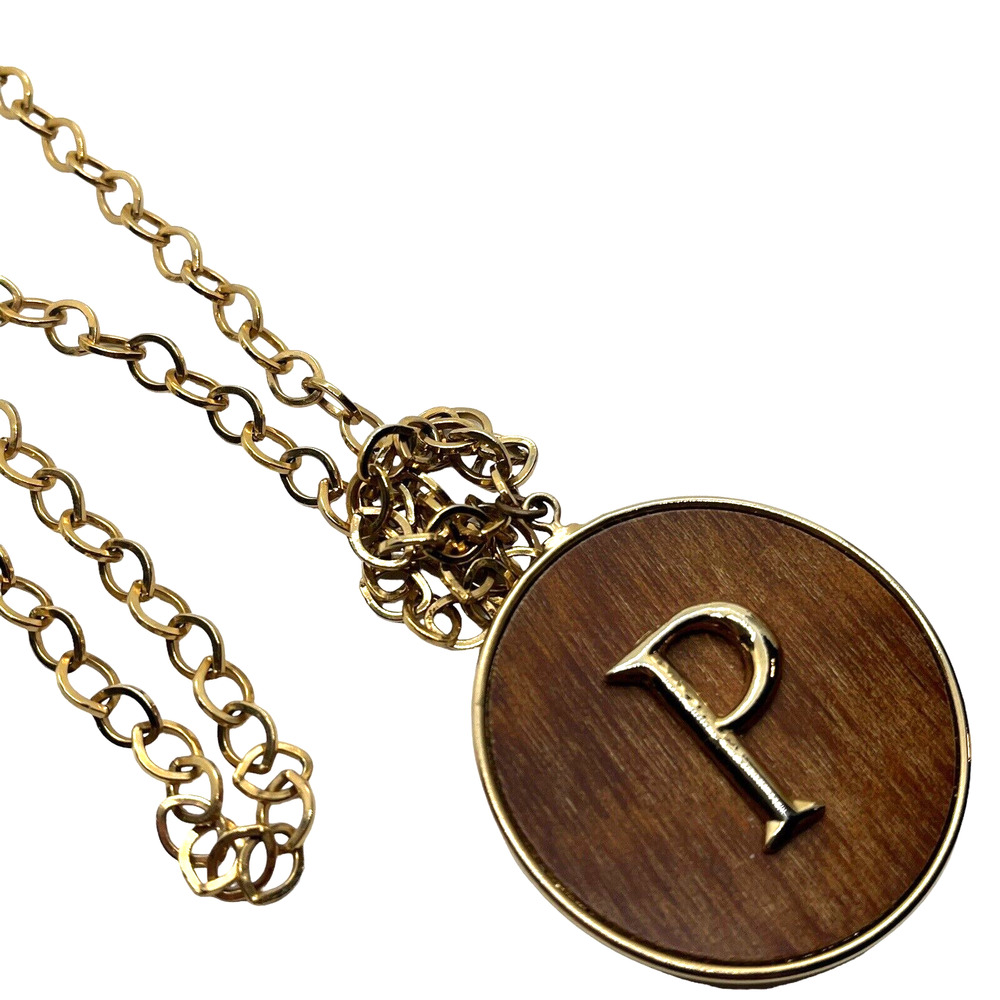 Monogram Initial Necklace Letter P Faux Wood Gold Tone Retro 1970s Ring Clasp